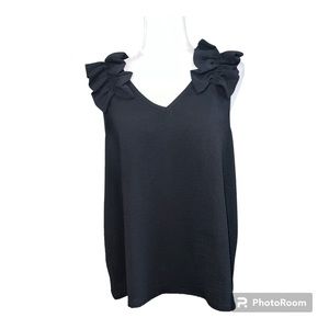 Sophie & Kate Ruffle Shoulder Sleeveless V-Neck Blouse Black.